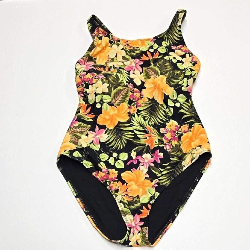 Hurley Womens Floral Tropical One Piece Swimsuit Black Orange‎ Pink Size L